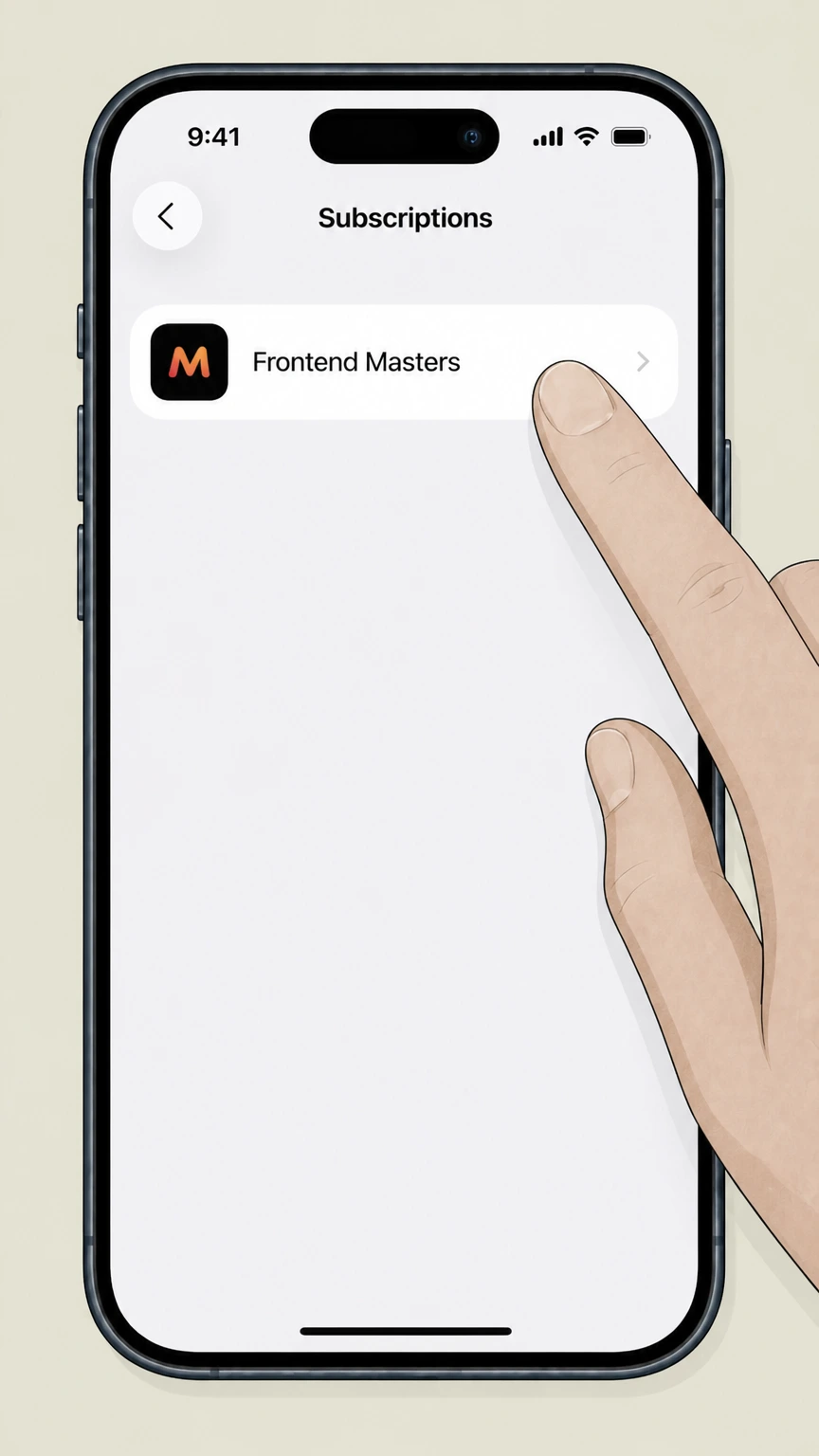 Frontend Masters Apple App Store (iPhone/iPad) cancellation: Select the Frontend Masters subscription