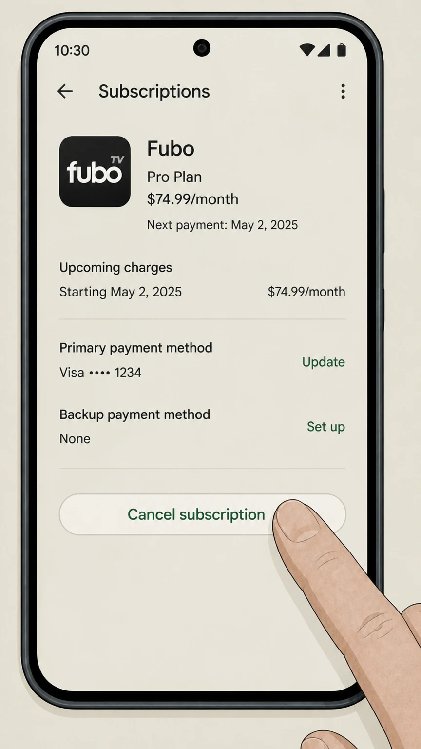 Fubo google-play cancellation: Tap Cancel subscription