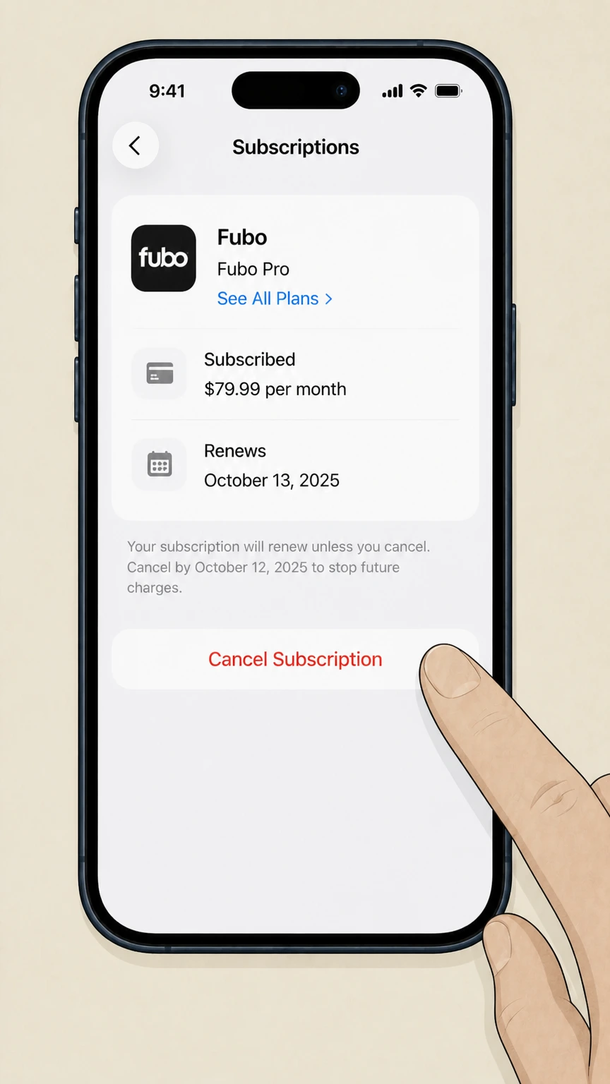 Fubo ios cancellation: Tap Cancel Subscription