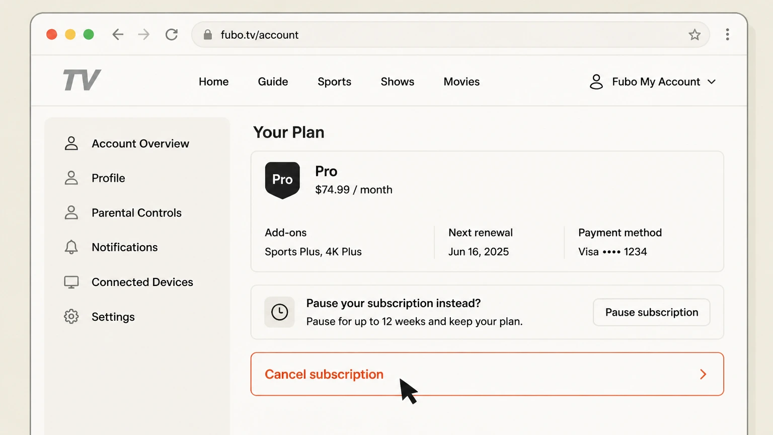 Fubo web cancellation: Choose Cancel subscription