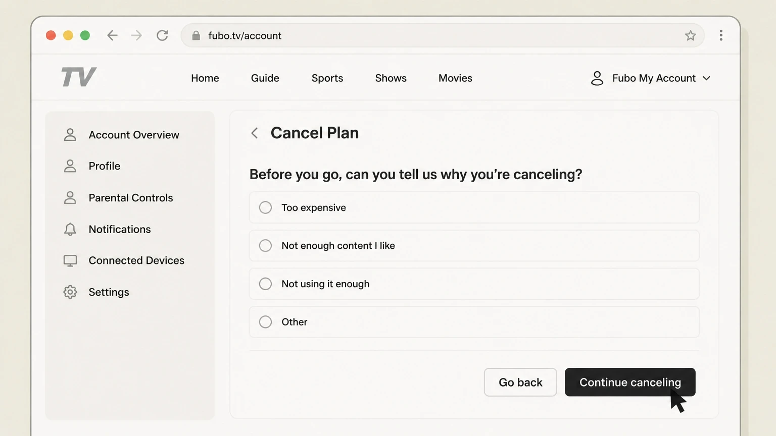 Fubo web cancellation: Continue canceling