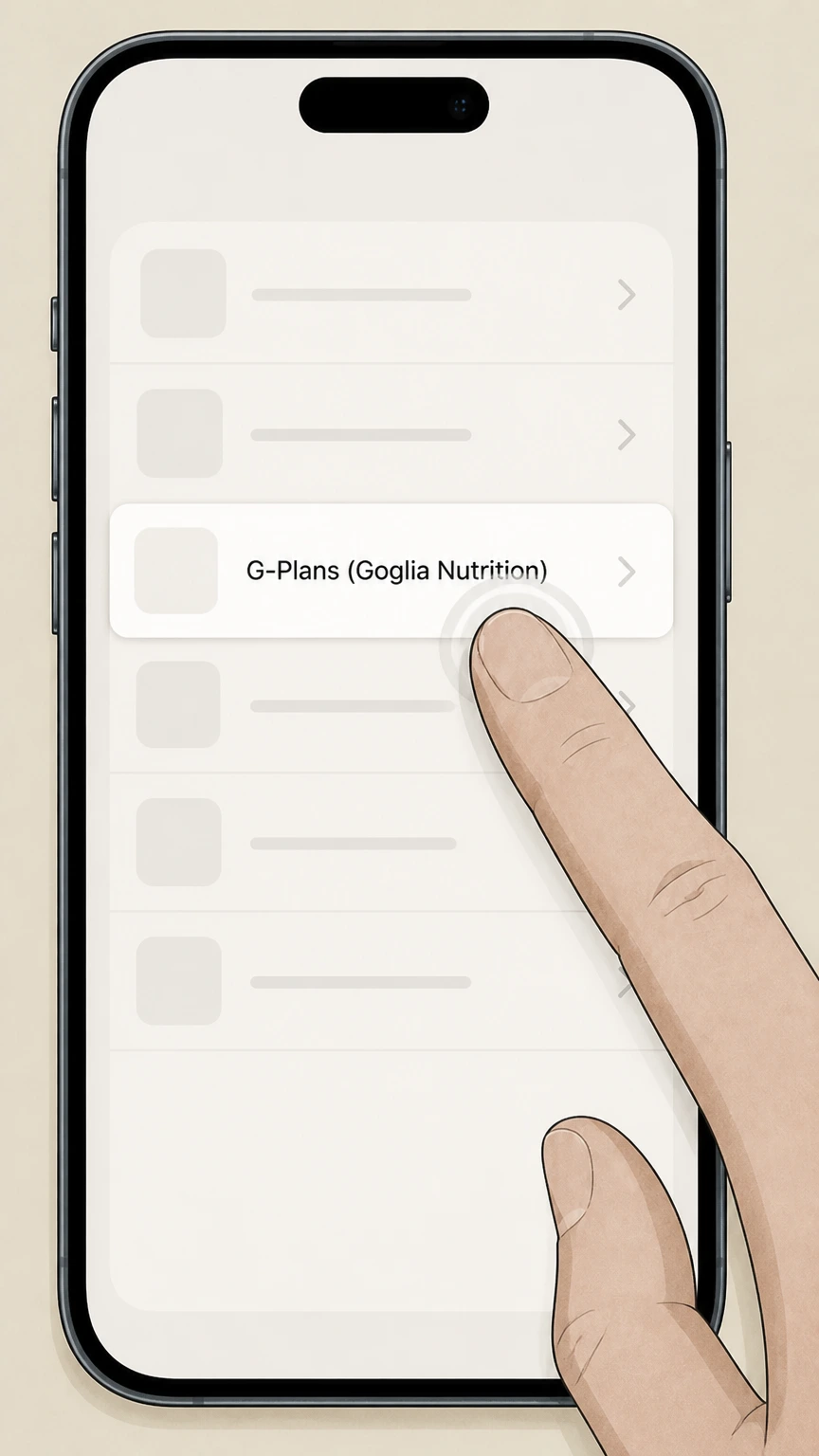 Editorial illustration for Select G-Plans (Goglia Nutrition) in the Apple iOS (App Store billing) cancellation route for G-Plans (Goglia Nutrition)