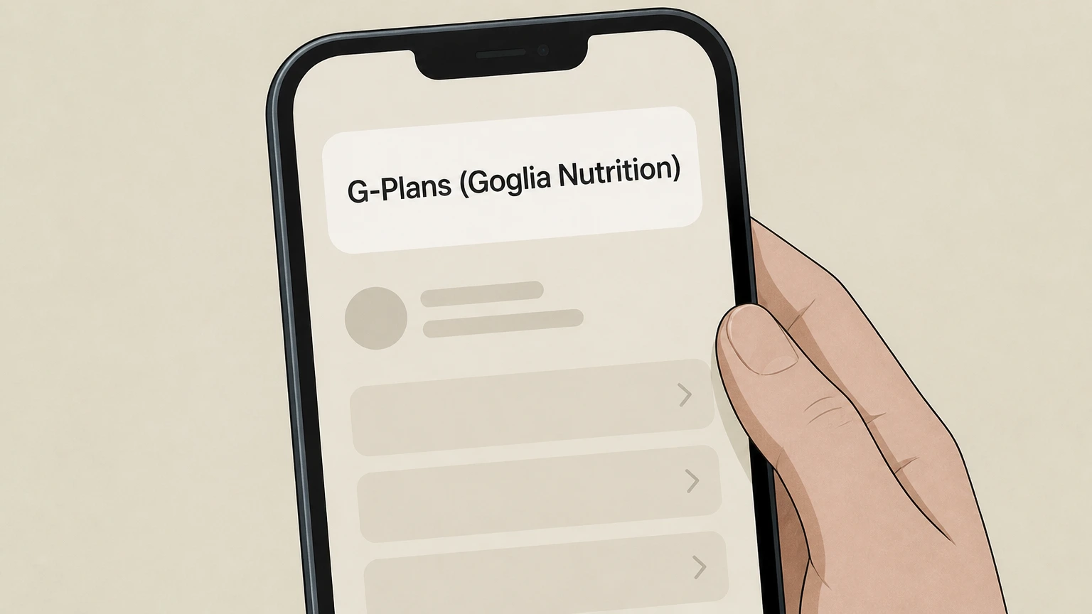 Editorial illustration for Gather your G-Plans account and billing details in the Phone or chat with G-Plans support cancellation route for G-Plans (Goglia Nutrition)