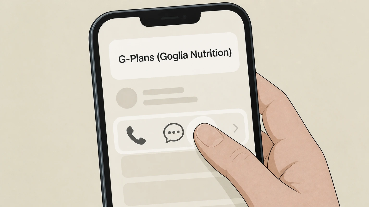 Editorial illustration for Contact G-Plans customer support by phone or site chat in the Phone or chat with G-Plans support cancellation route for G-Plans (Goglia Nutrition)
