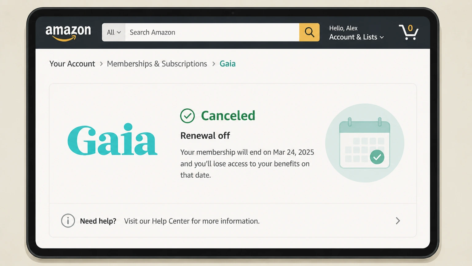 Gaia amazon cancellation: Review the end date