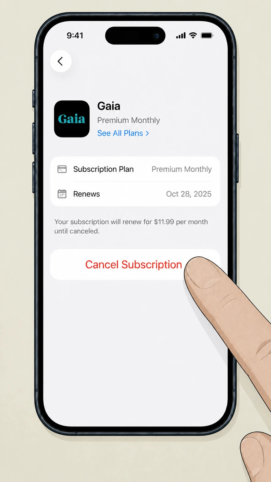 Gaia ios cancellation: Tap Cancel Subscription