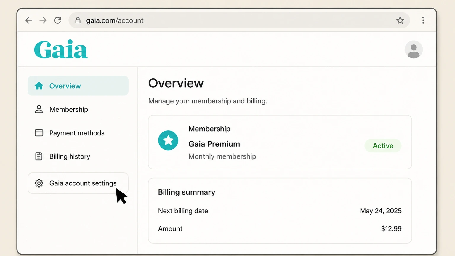 Gaia web cancellation: Open Gaia account settings