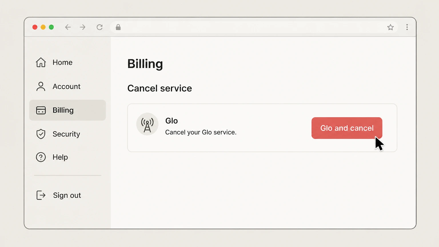 Glo web cancellation: Select Glo and cancel