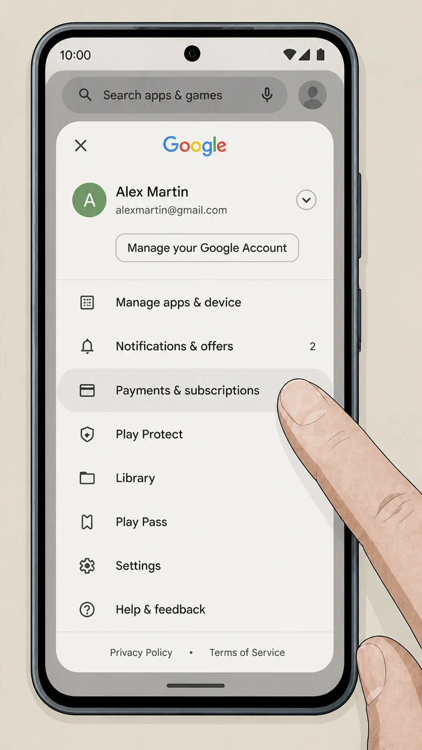 Google One android cancellation: Open Payments & subscriptions