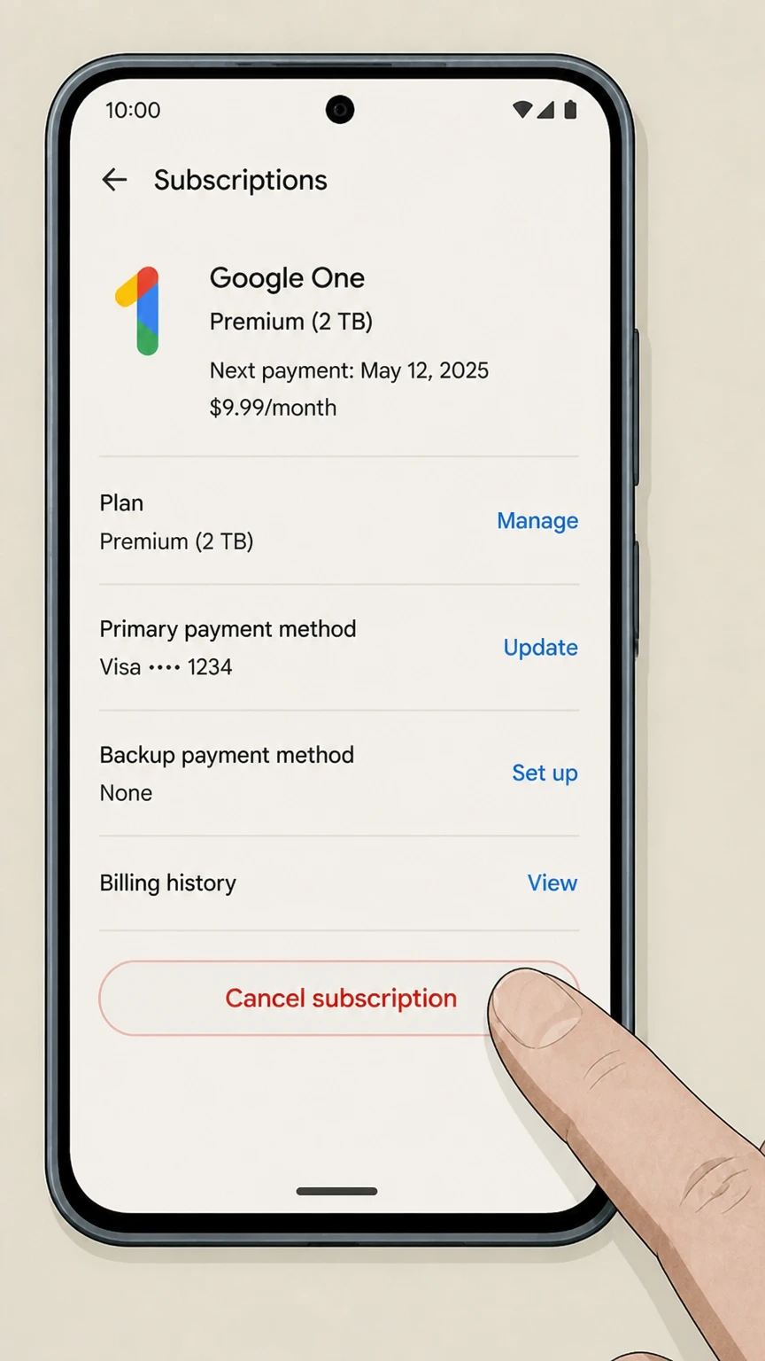 Google One android cancellation: Choose Cancel subscription