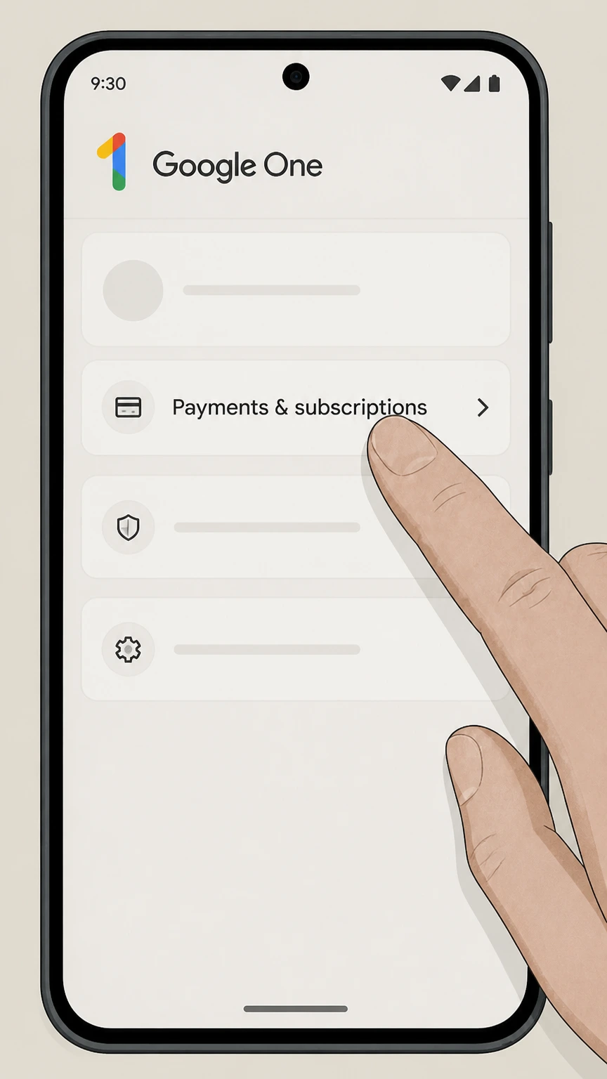 Google One cancel on android: Open Payments & subscriptions