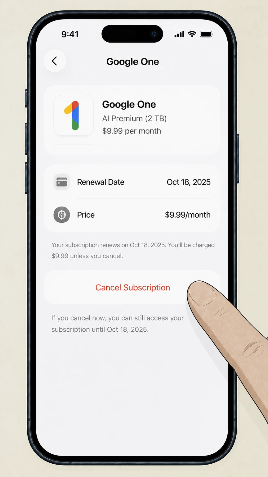 Google One ios cancellation: Tap Cancel Subscription