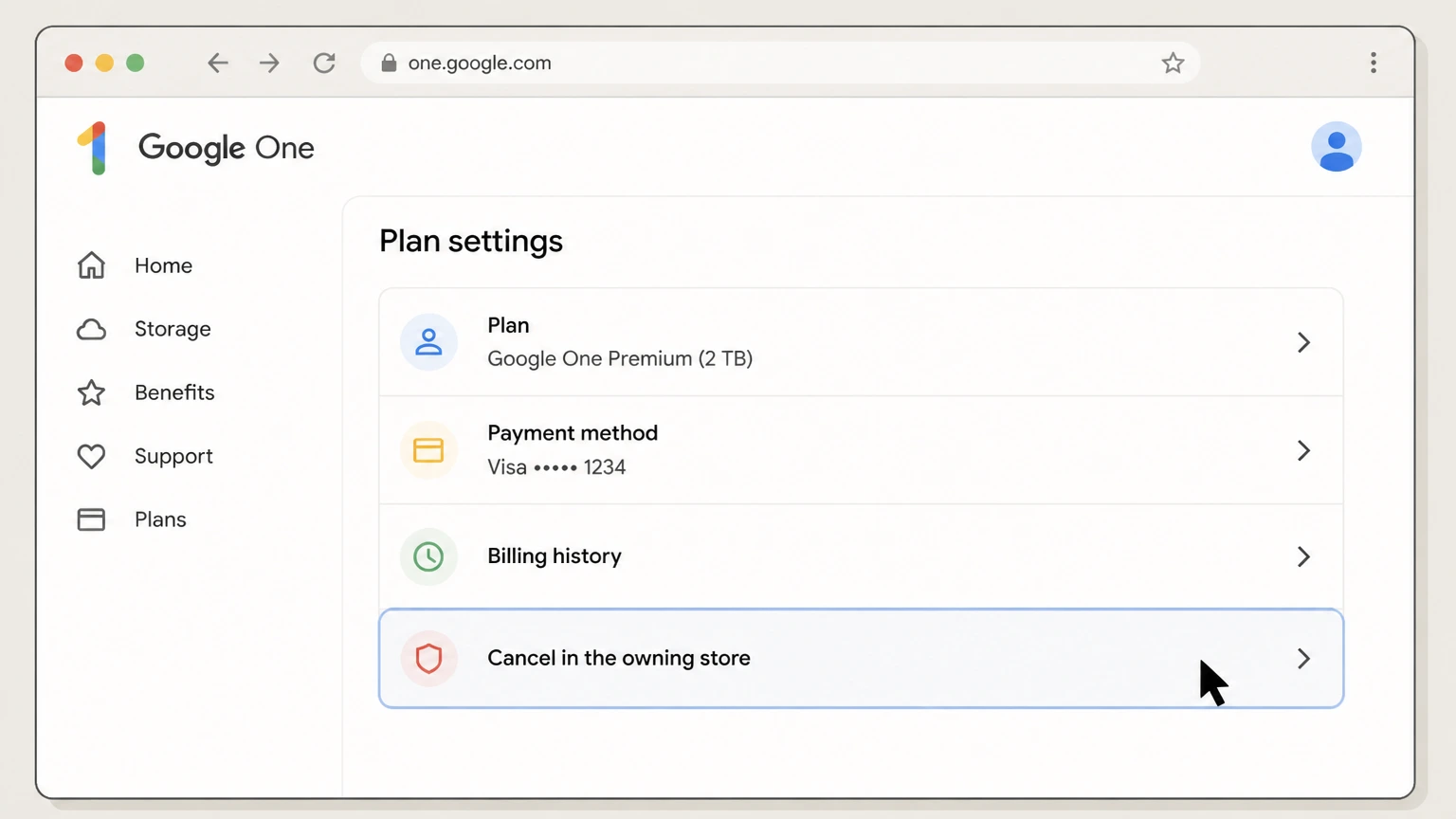 Google One web cancellation: Cancel in the owning store