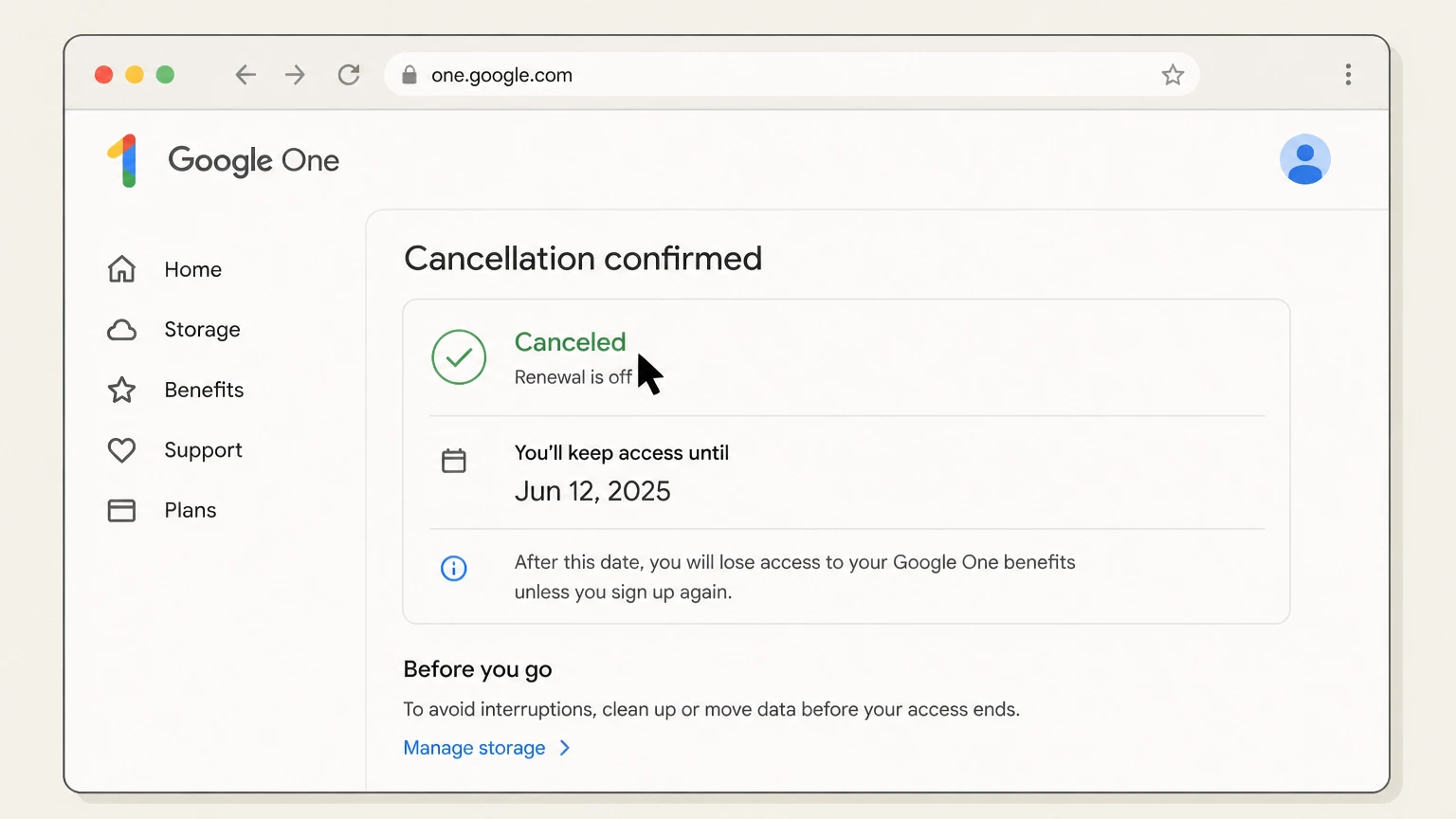 Google One web cancellation: Save confirmation and reduce storage