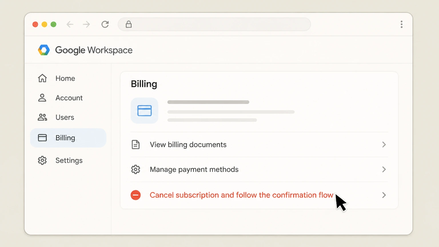 Google Workspace web cancellation: Choose Cancel subscription and follow the confirmation flow