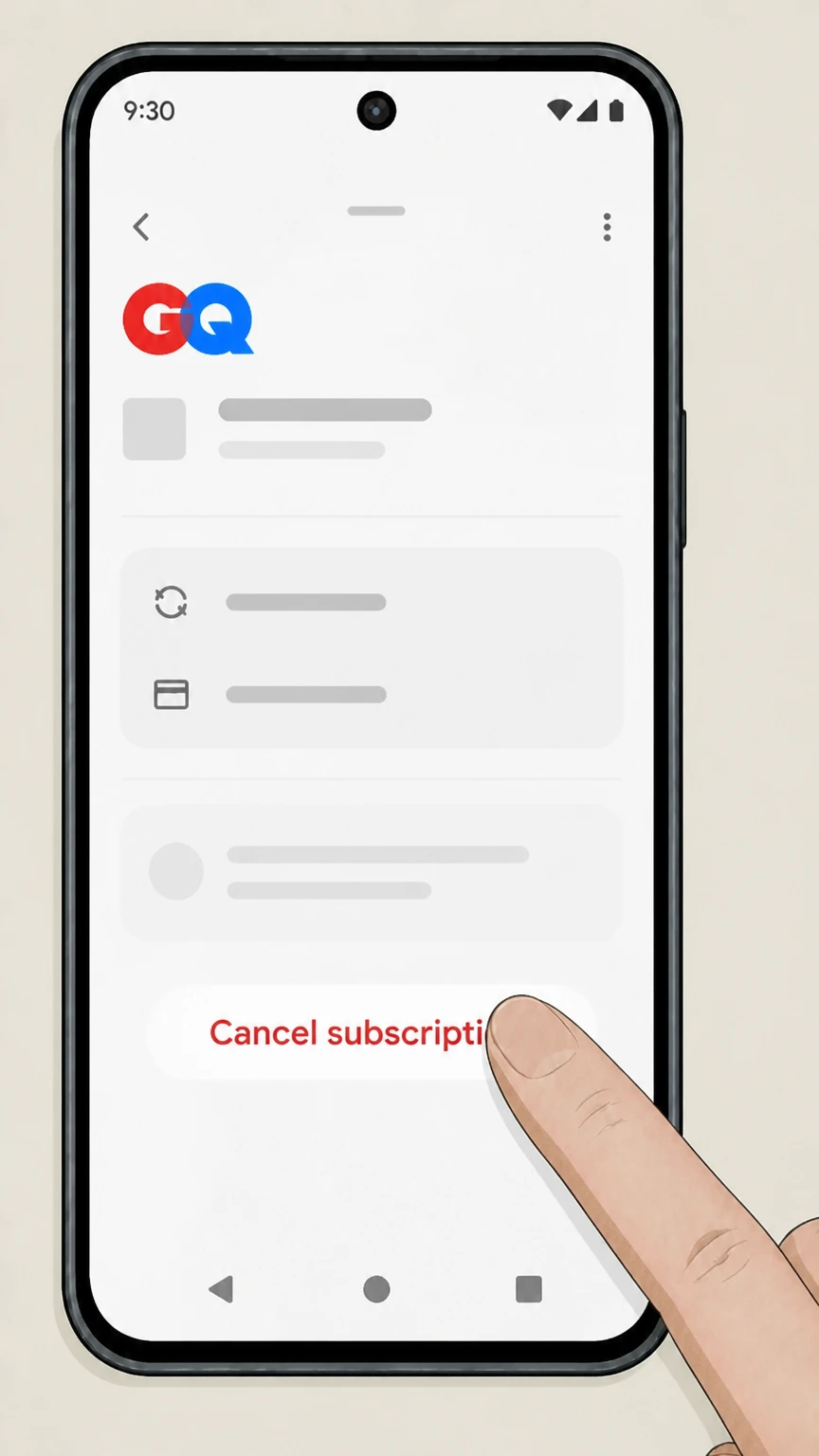 GQ Google Play (Android‑billed GQ subscriptions) cancellation: Tap Cancel subscription
