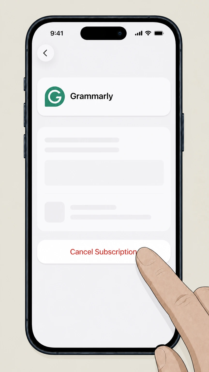 Grammarly cancel an app store subscription: Tap Cancel Subscription