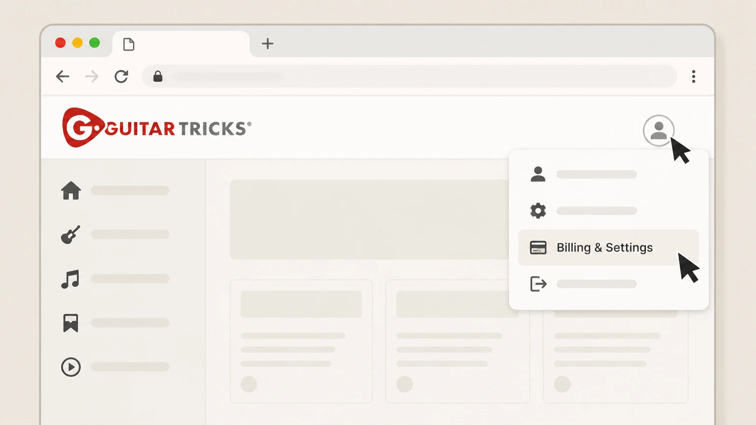 Guitar Tricks GuitarTricks.com website (direct billing) cancellation: Open Billing & Settings