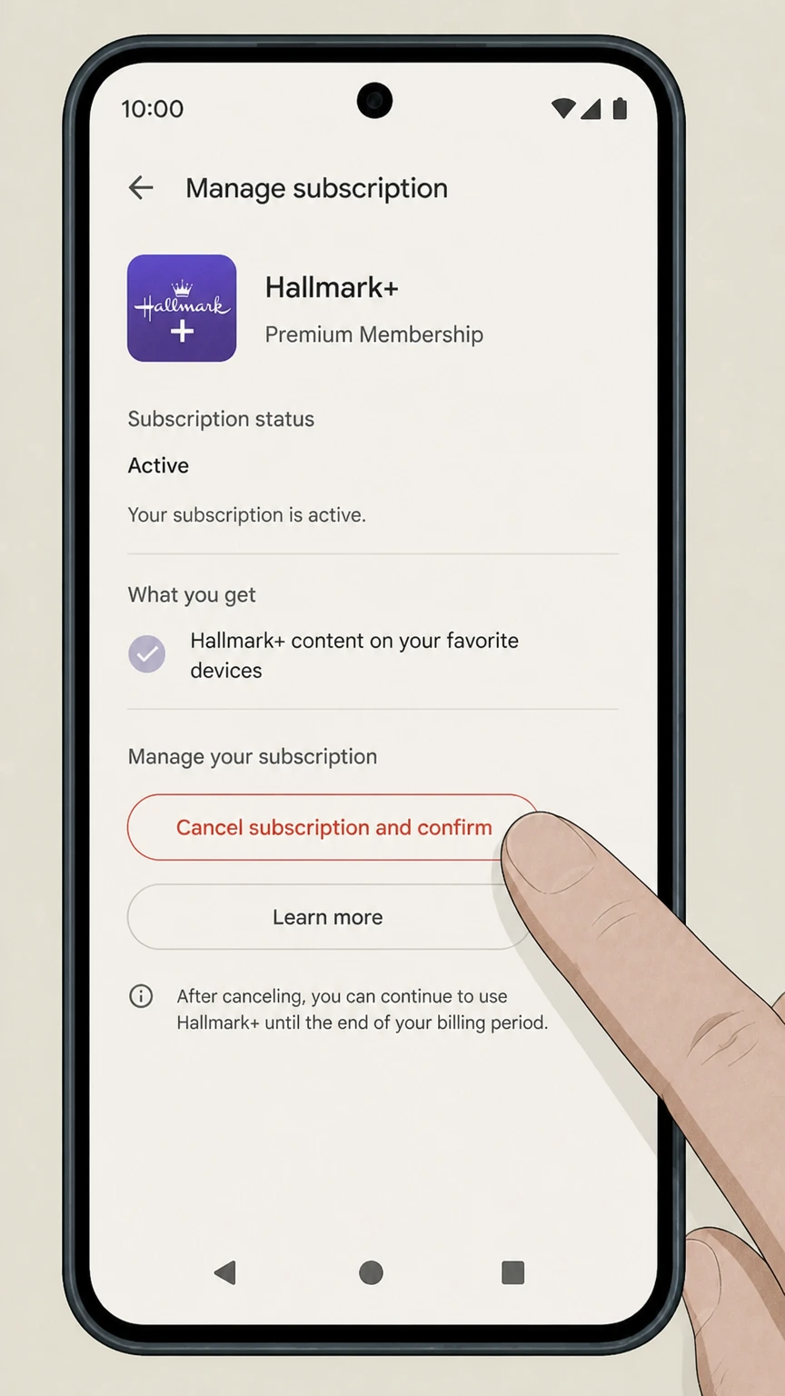 Hallmark+ google-play cancellation: Tap Cancel subscription and confirm