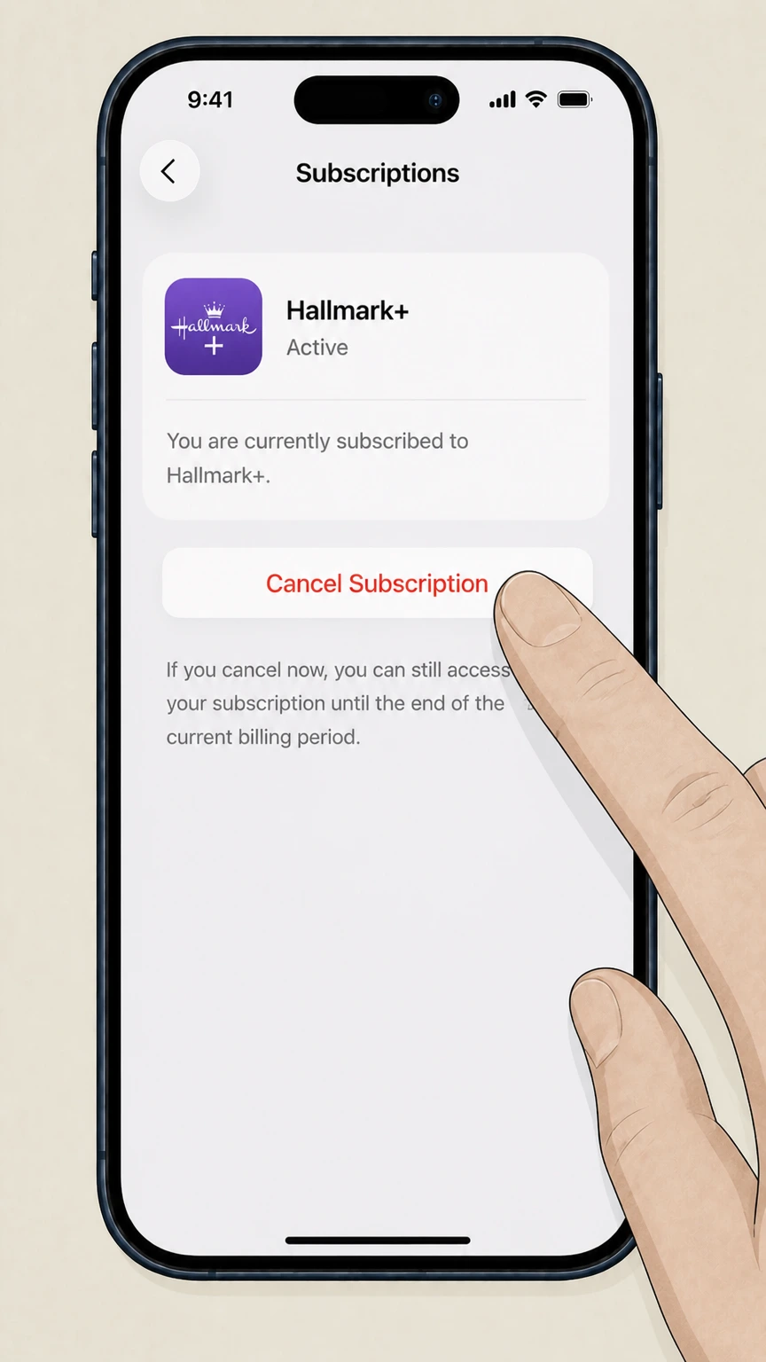 Hallmark+ ios cancellation: Tap Cancel Subscription and confirm