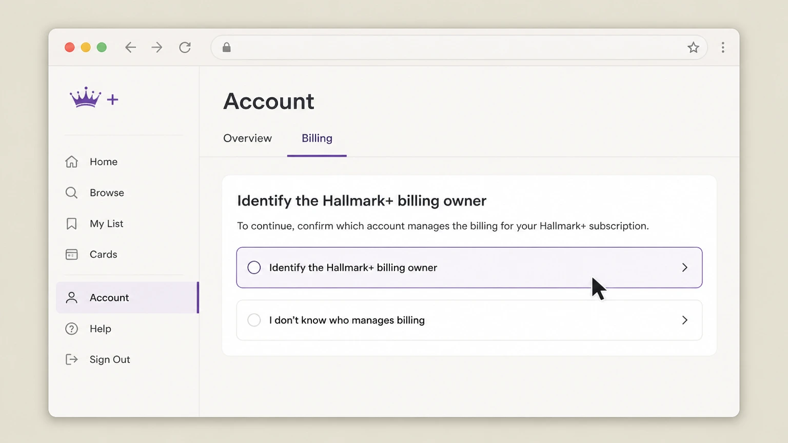 Hallmark+ web cancellation: Identify the Hallmark+ billing owner