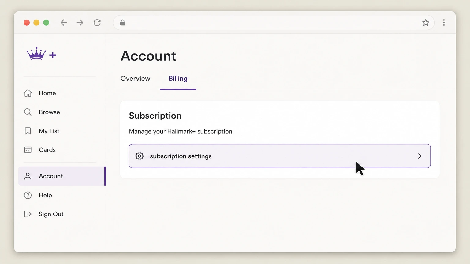 Hallmark+ web cancellation: Open subscription settings