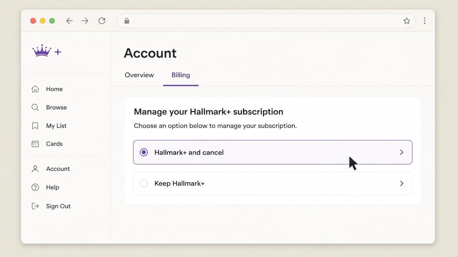 Hallmark+ web cancellation: Select Hallmark+ and cancel