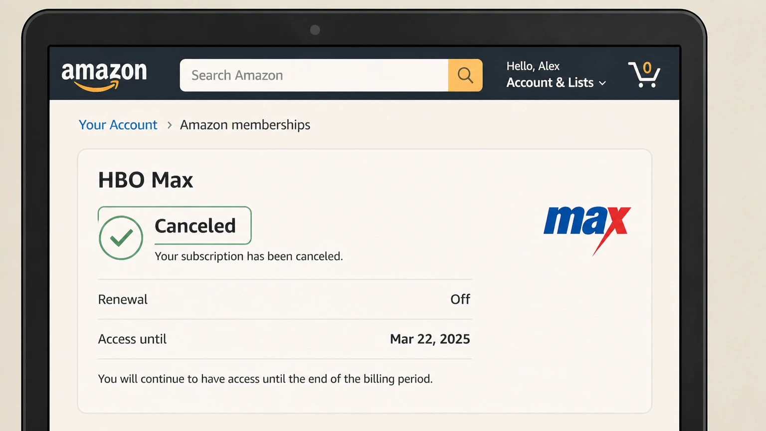 HBO Max amazon cancellation: Save Amazon confirmation