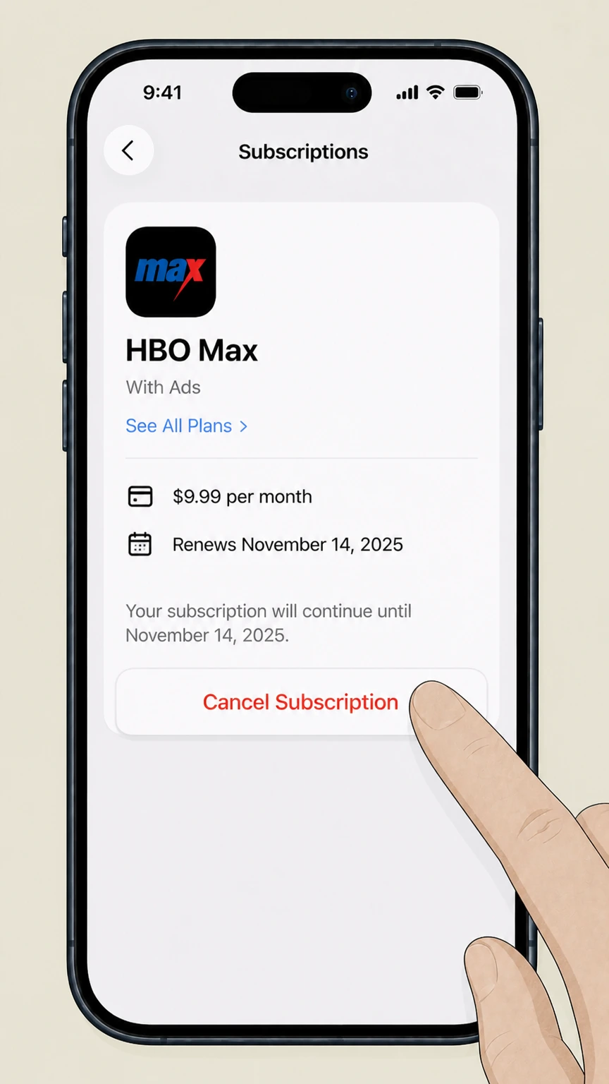 HBO Max app-store cancellation: Tap Cancel Subscription