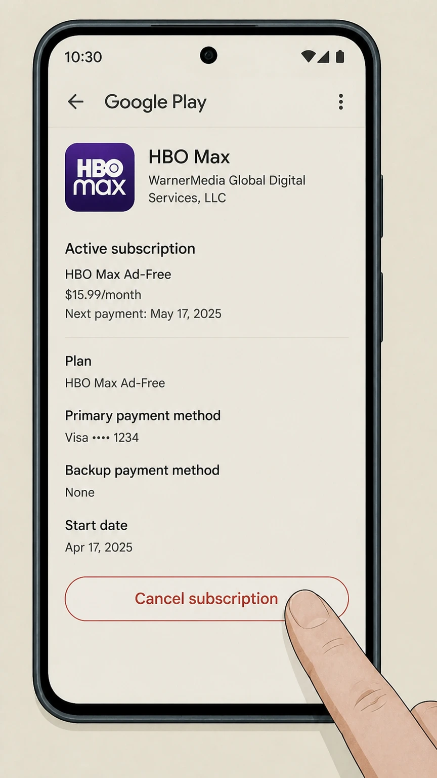 HBO Max google-play cancellation: Choose Cancel subscription