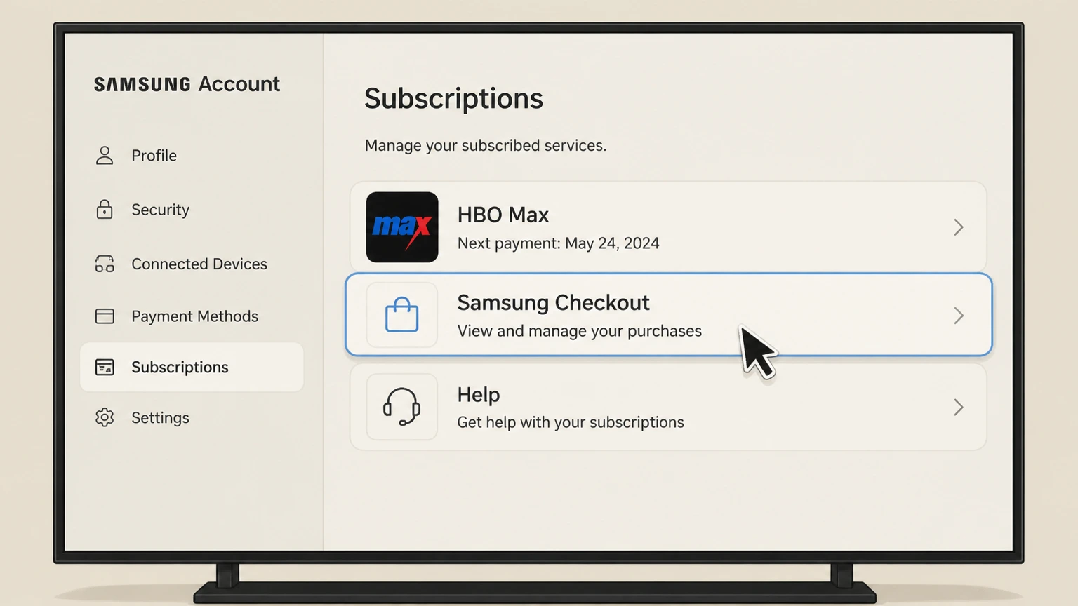 HBO Max samsung-tv cancellation: Open Samsung Checkout