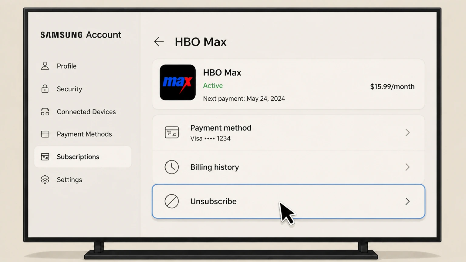 HBO Max samsung-tv cancellation: Choose Unsubscribe