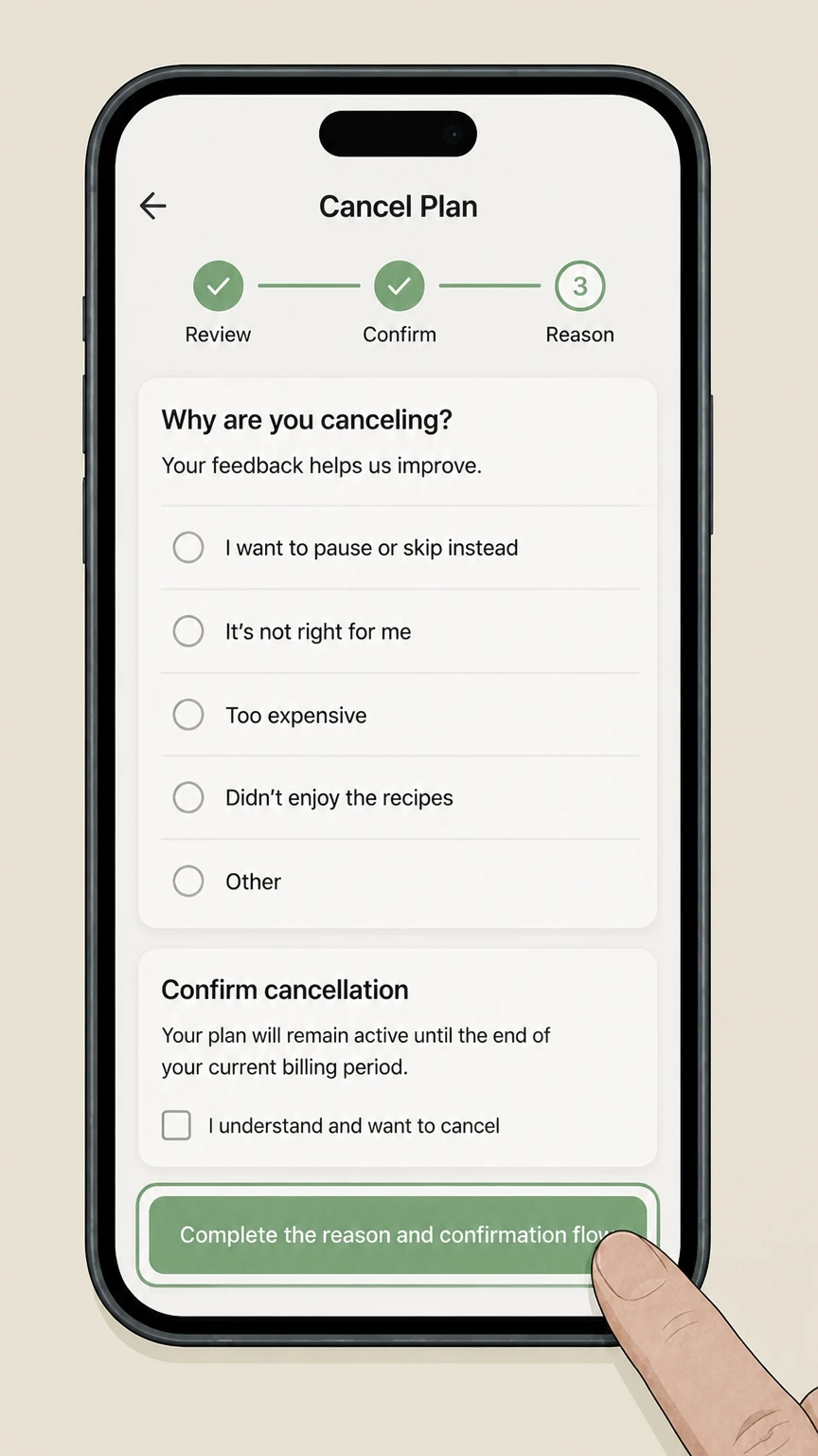 HelloFresh mobile-app cancellation: Complete the reason and confirmation flow