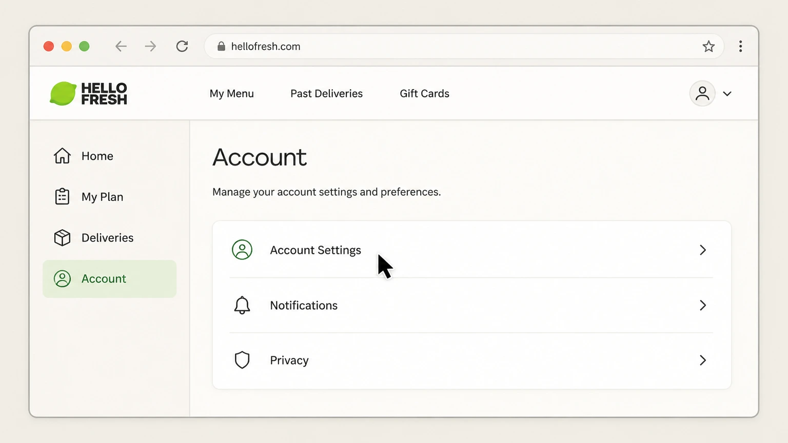HelloFresh web cancellation: Open Account Settings