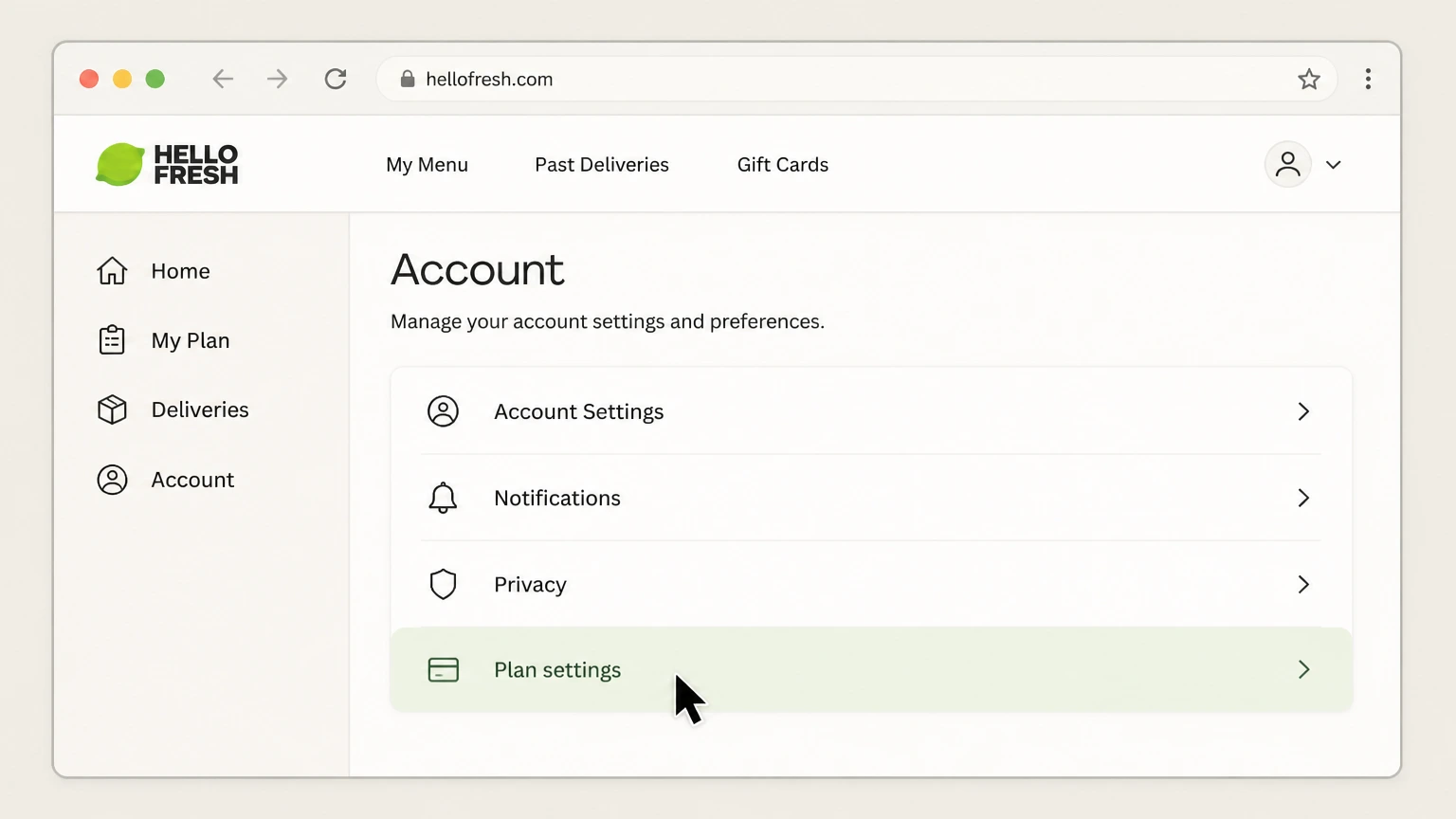 HelloFresh web cancellation: Open Plan settings