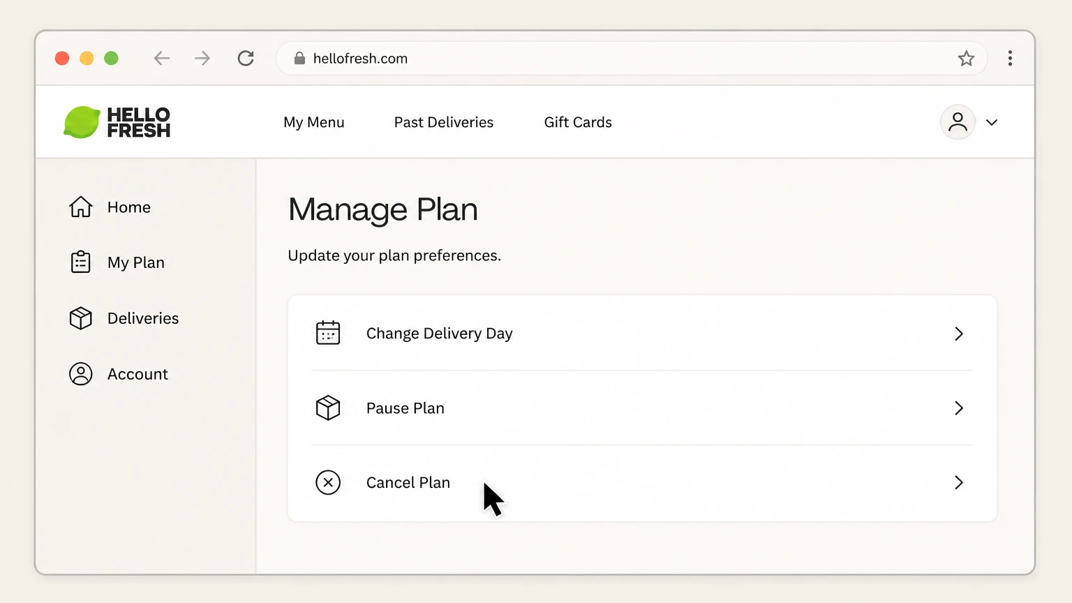 HelloFresh web cancellation: Choose Cancel Plan