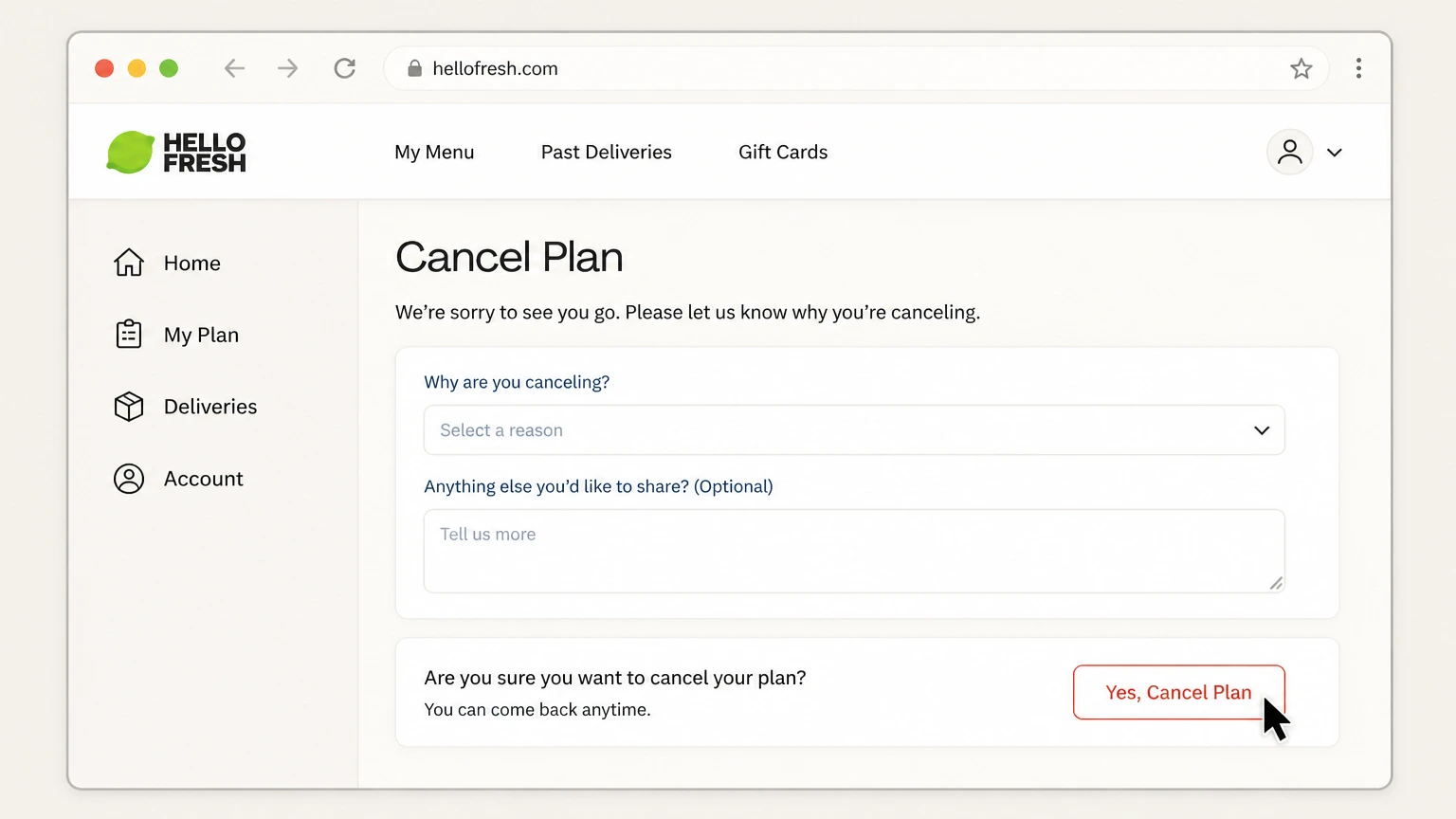 HelloFresh web cancellation: Complete the reason and confirmation flow