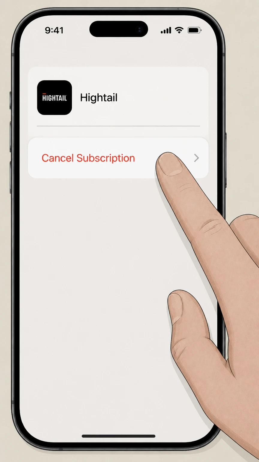 Editorial illustration for Tap Cancel Subscription in the iOS (Apple in‑app subscription billing) cancellation route for Hightail