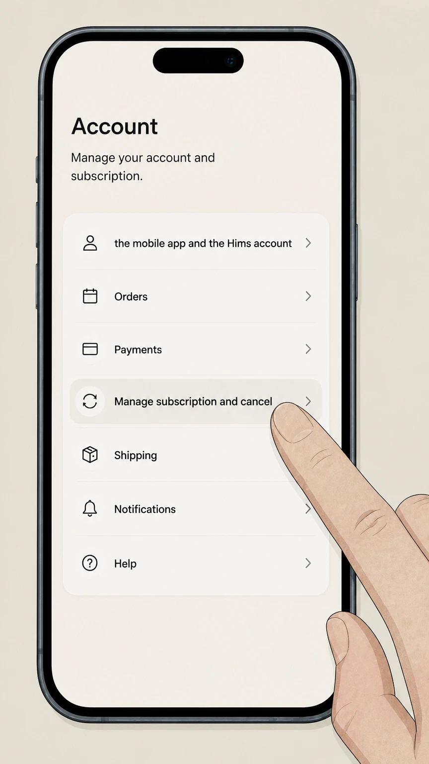 Hims mobile-app cancellation: Choose Manage subscription and cancel