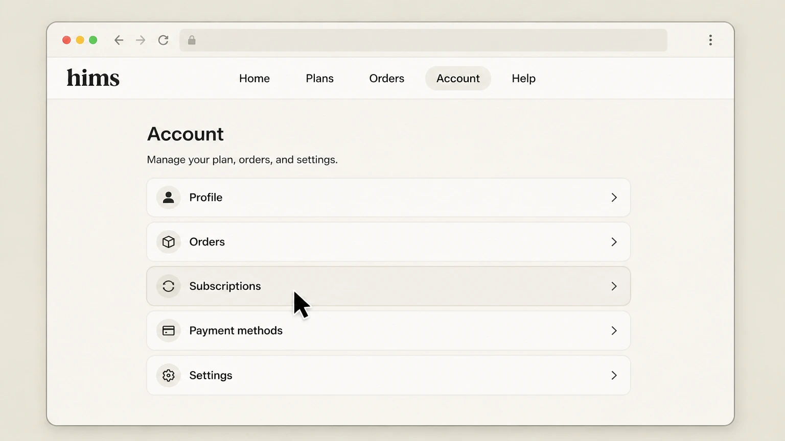 Hims web cancellation: Open Subscriptions