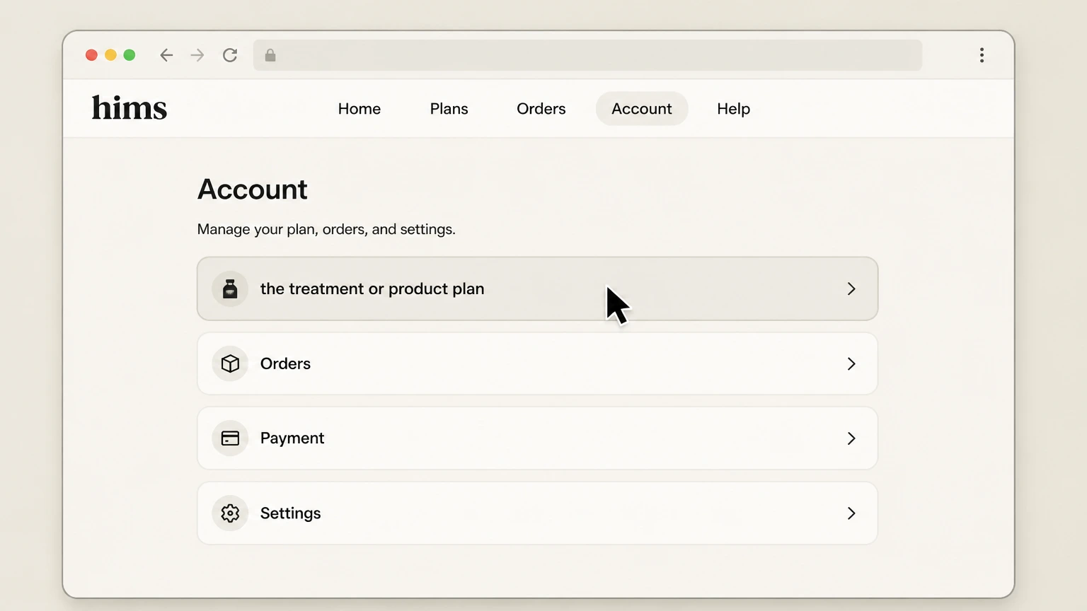 Hims web cancellation: Select the treatment or product plan