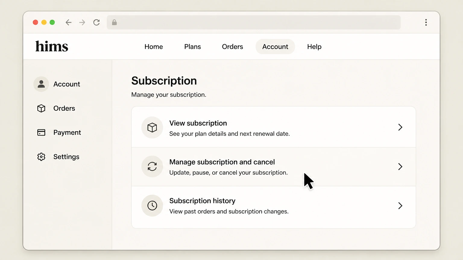 Hims web cancellation: Choose Manage subscription and cancel