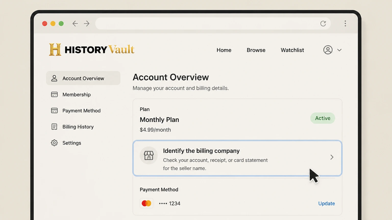 HISTORY Vault billing-partner cancellation: Identify the billing company