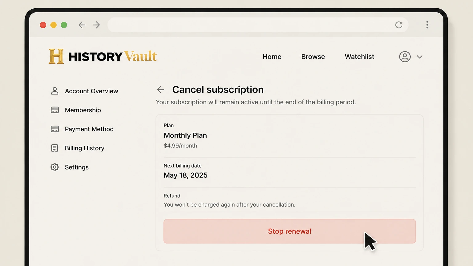 HISTORY Vault billing-partner cancellation: Stop renewal