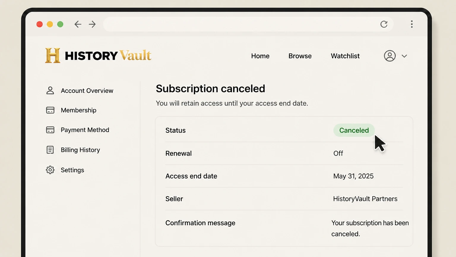 HISTORY Vault billing-partner cancellation: Keep proof