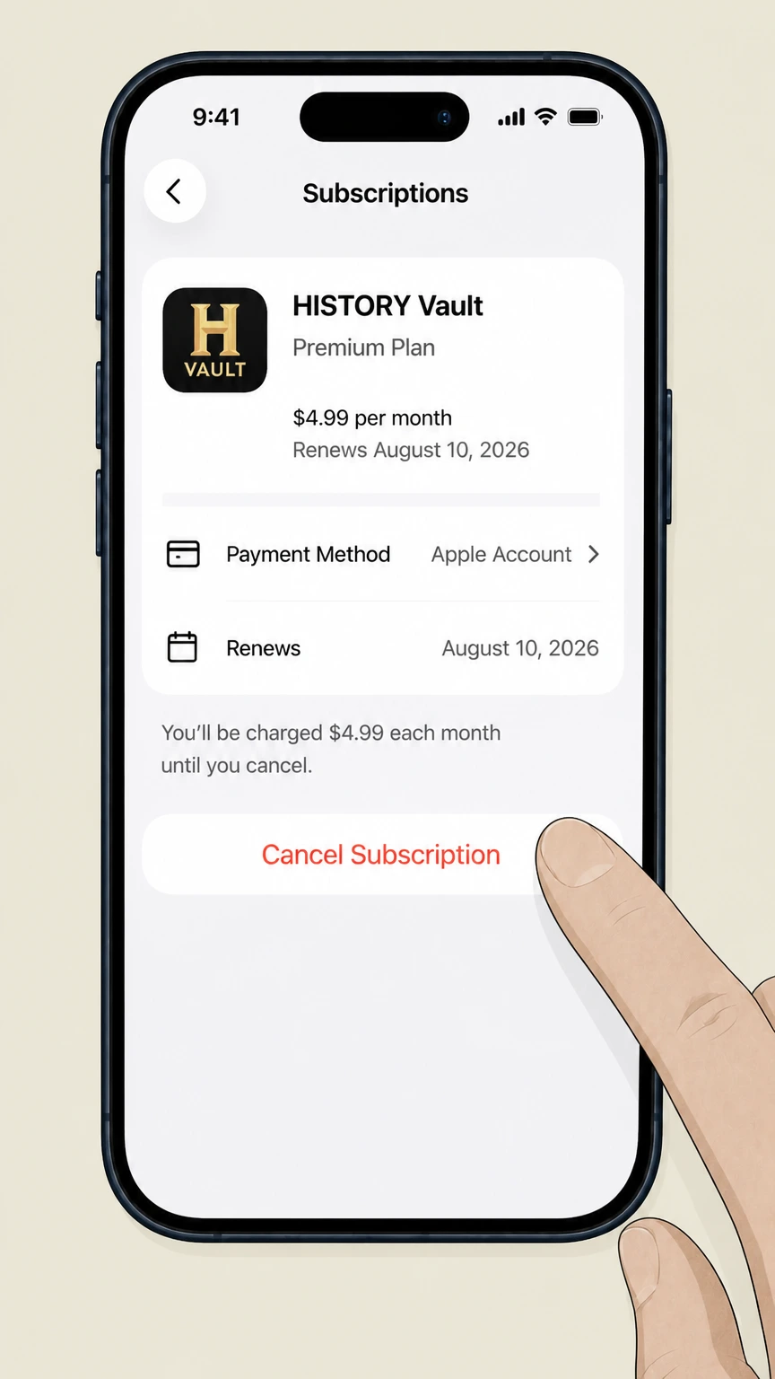 HISTORY Vault ios cancellation: Tap Cancel Subscription