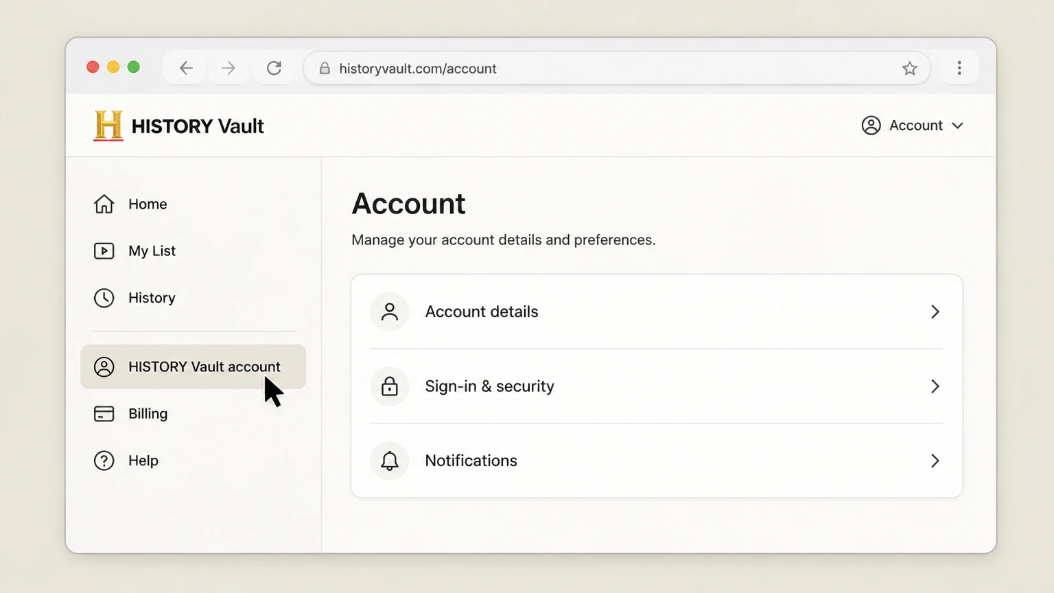 HISTORY Vault web cancellation: Open HISTORY Vault account