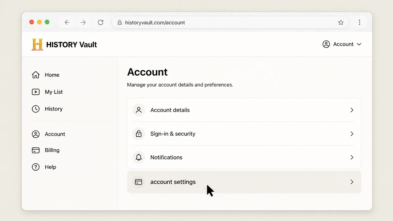 HISTORY Vault web cancellation: Open account settings