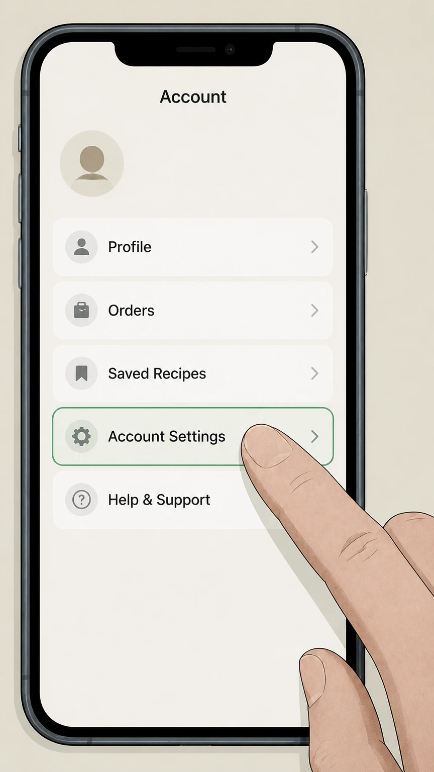 Home Chef mobile-app cancellation: Open the mobile app and Account Settings