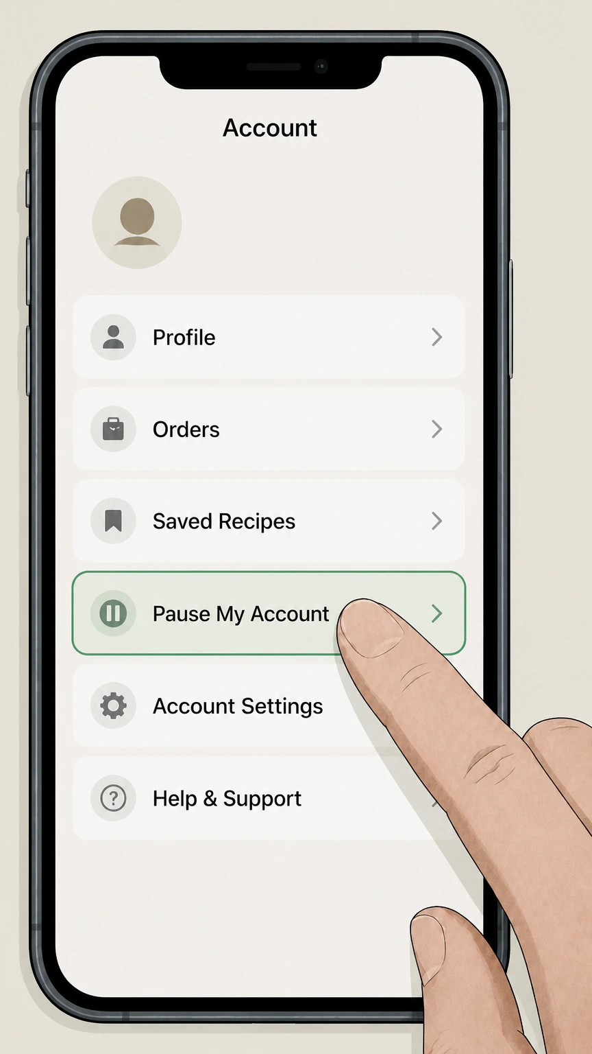 Home Chef mobile-app cancellation: Choose Pause My Account